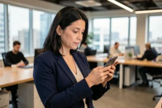 Femme regardant un indicatif téléphonique international sur son smartphone dans un bureau moderne
