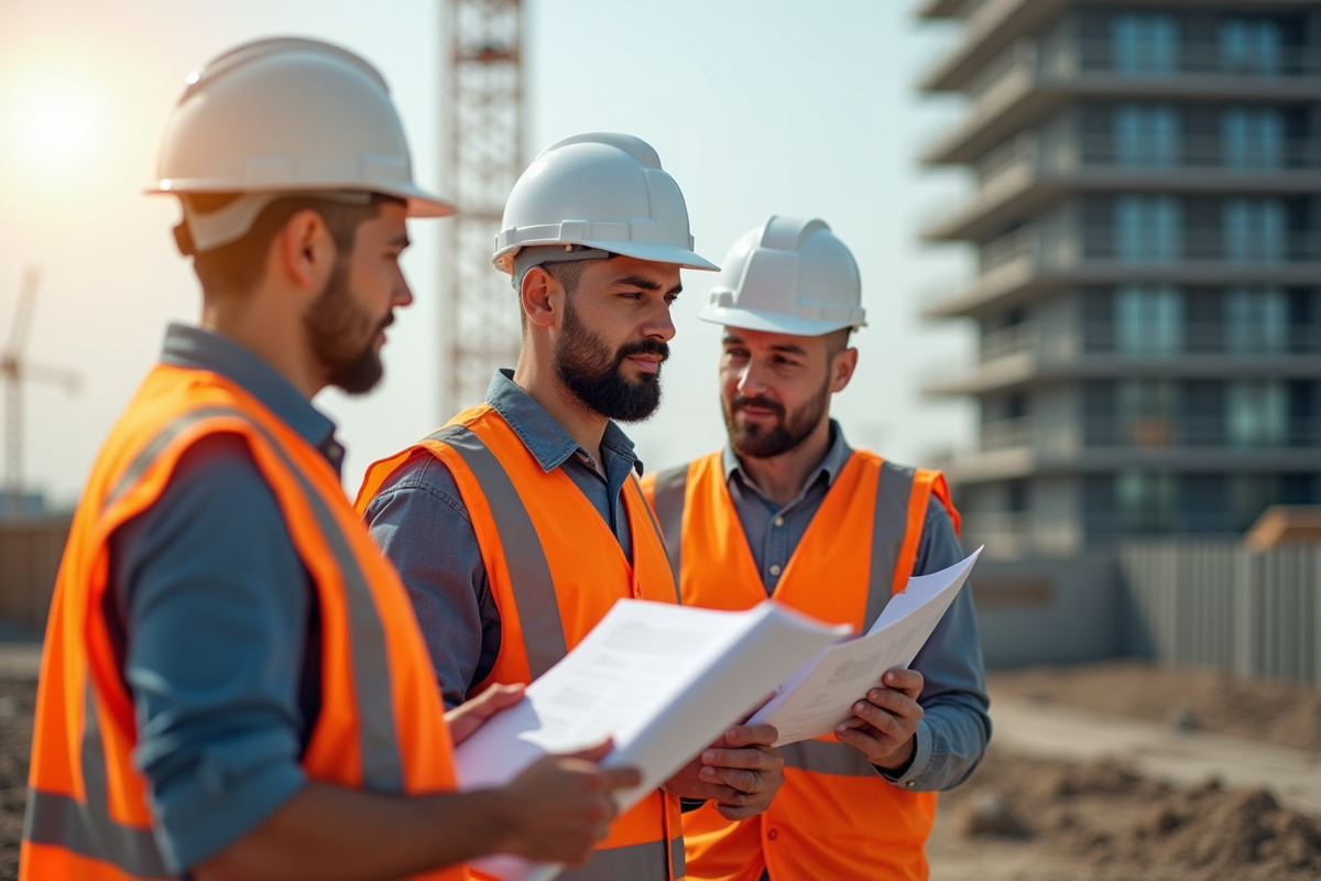 Ouvriers et superviseur inspectent un chantier moderne