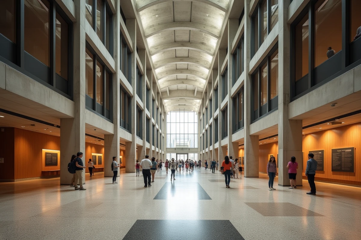 Atrium intérieur d'un bâtiment moderniste brutaliste inspiré de Marcel Breuer avec plafond en caissons de béton et sol en terrazzo
