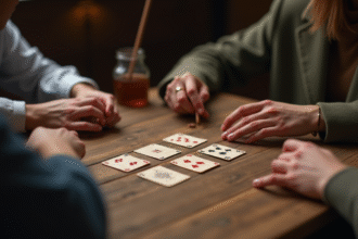 Deux personnes jouent à la crapette avec des cartes anciennes