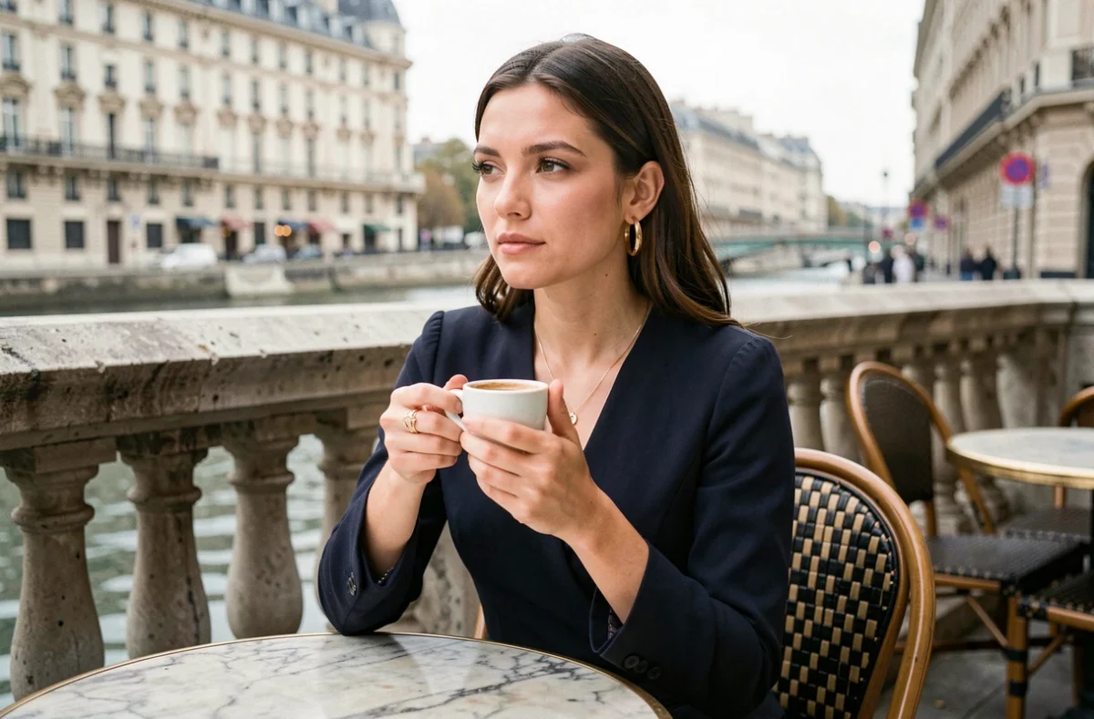 Jeune femme élégante en terrasse de café parisien au bord de la Seine, portrait éditorial