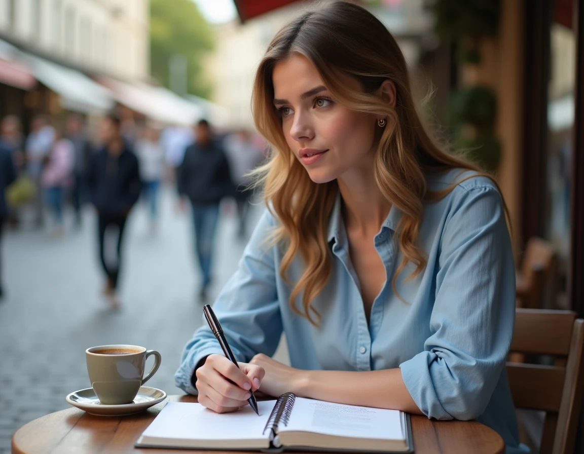 Jeune femme écrivant dans un cahier en terrasse de café avec un livre de grammaire française posé sur la table, réfléchissant à l'usage du futur et du conditionnel