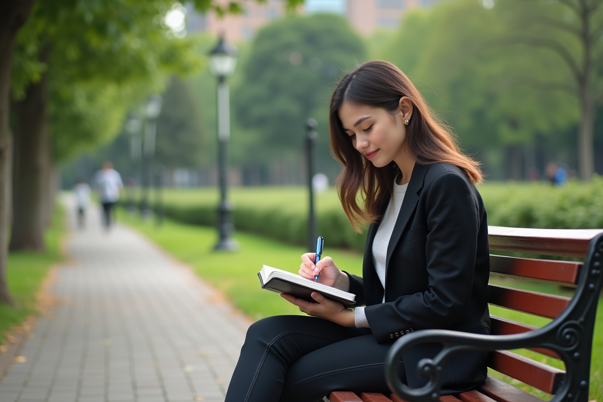 Jeune femme écrivant dans un journal au parc