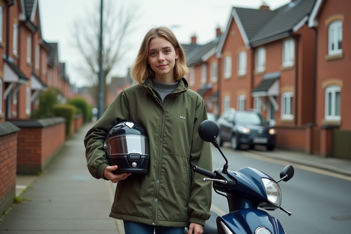 Jeune femme avec casque à côté de sa moto Skyteam 125 Dax dans une rue résidentielle