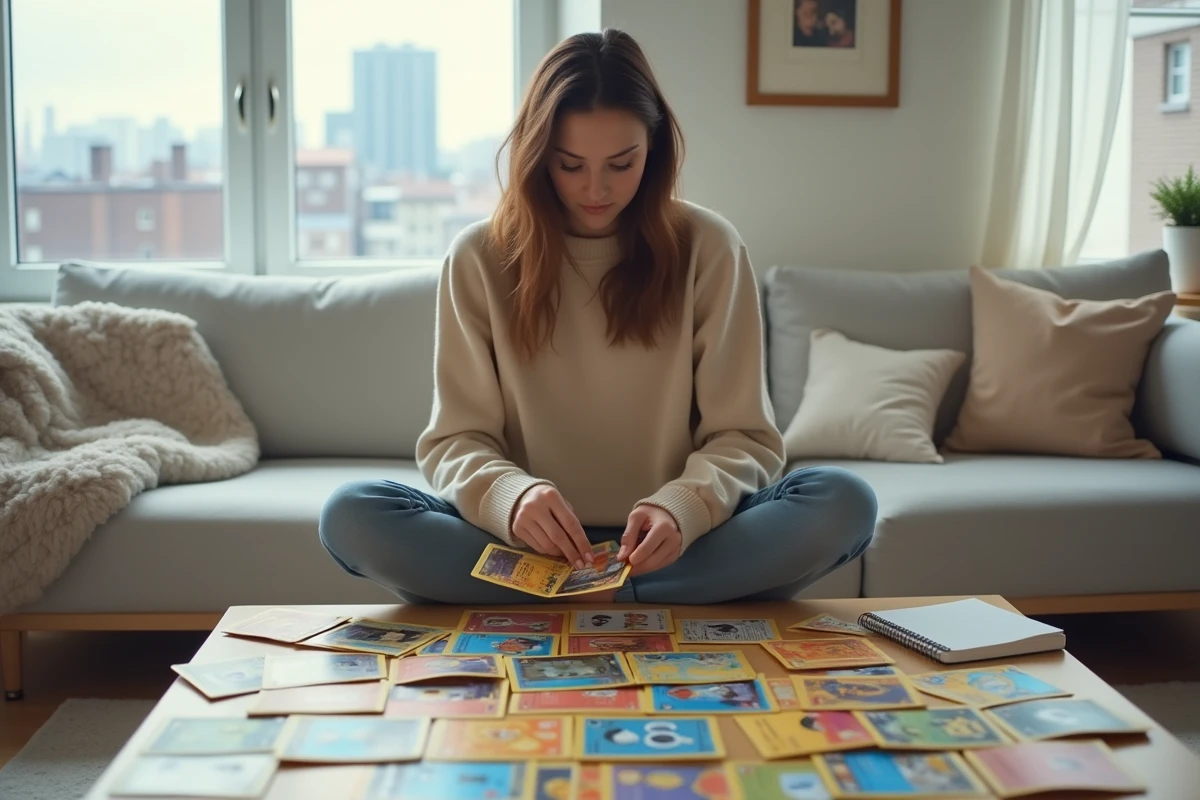 Jeune femme triant une collection de cartes Pokémon sur une table basse dans un appartement moderne