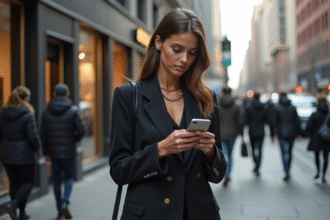 Jeune femme en costume monochrome dans la ville