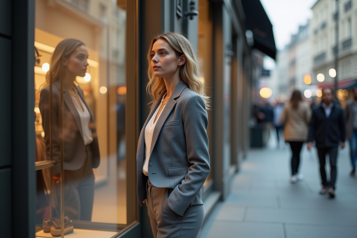 Jeune femme en blazer dans une rue urbaine animée
