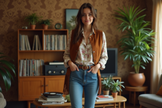 Jeune femme en jeans flare et blouse fleurie dans un intérieur vintage