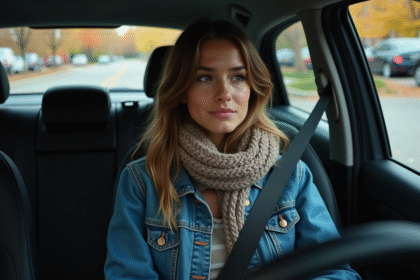 Jeune femme dans une voiture automne avec expression inconfortable
