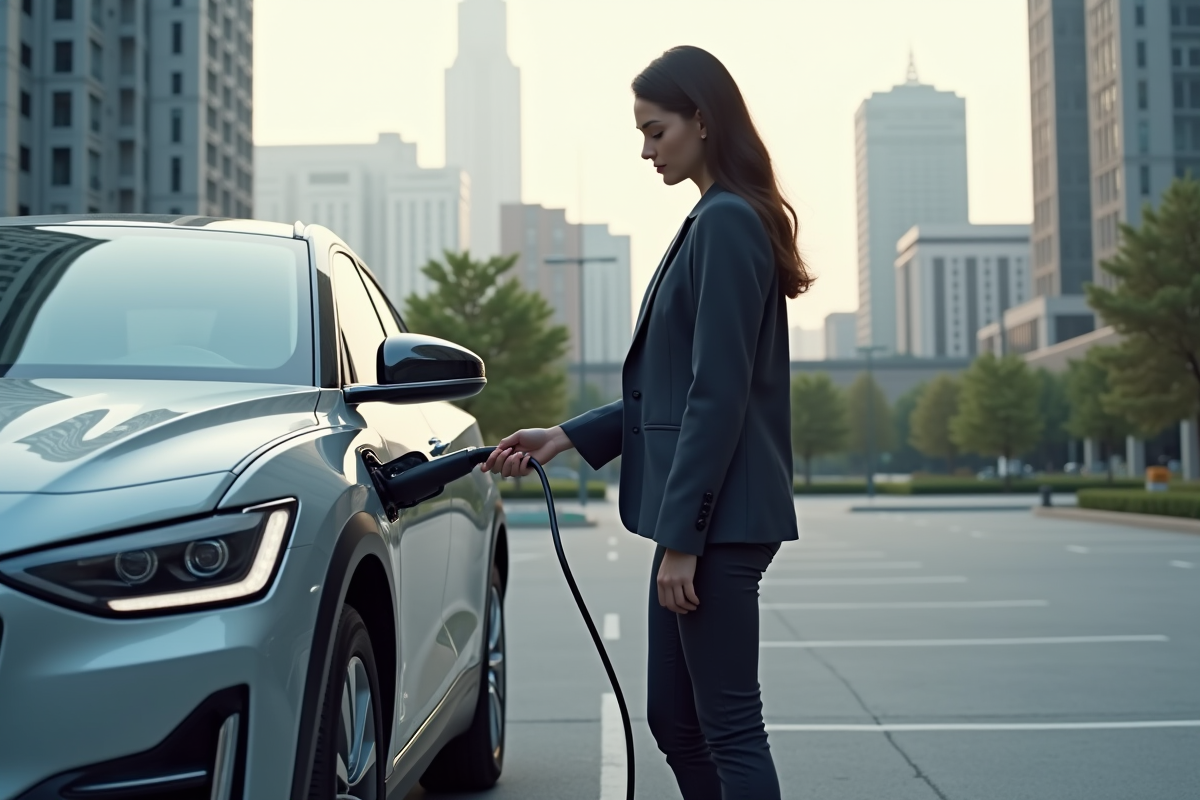 Jeune femme branchant une voiture hybride dans un parking urbain