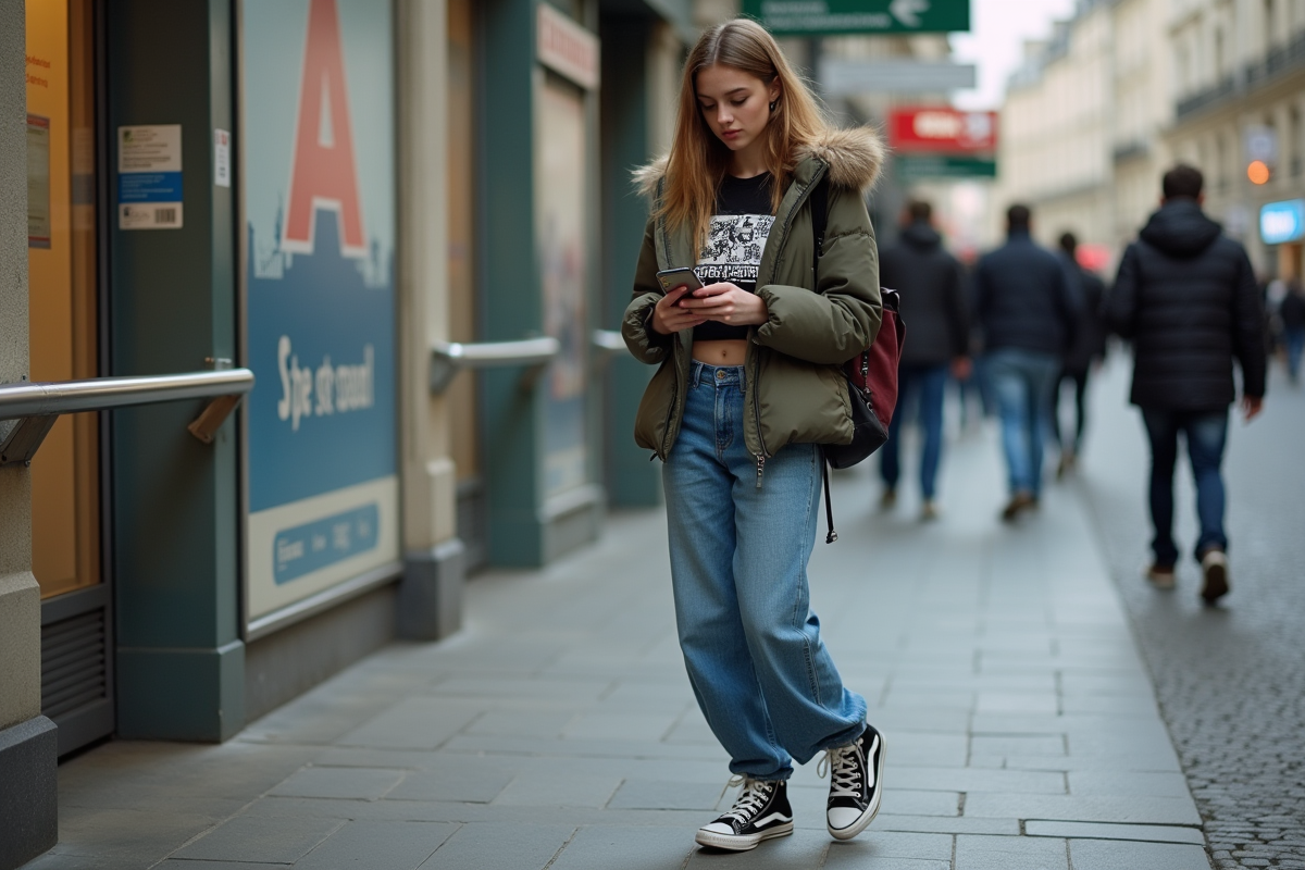 Jeune fille en streetwear dans une station de métro parisienne