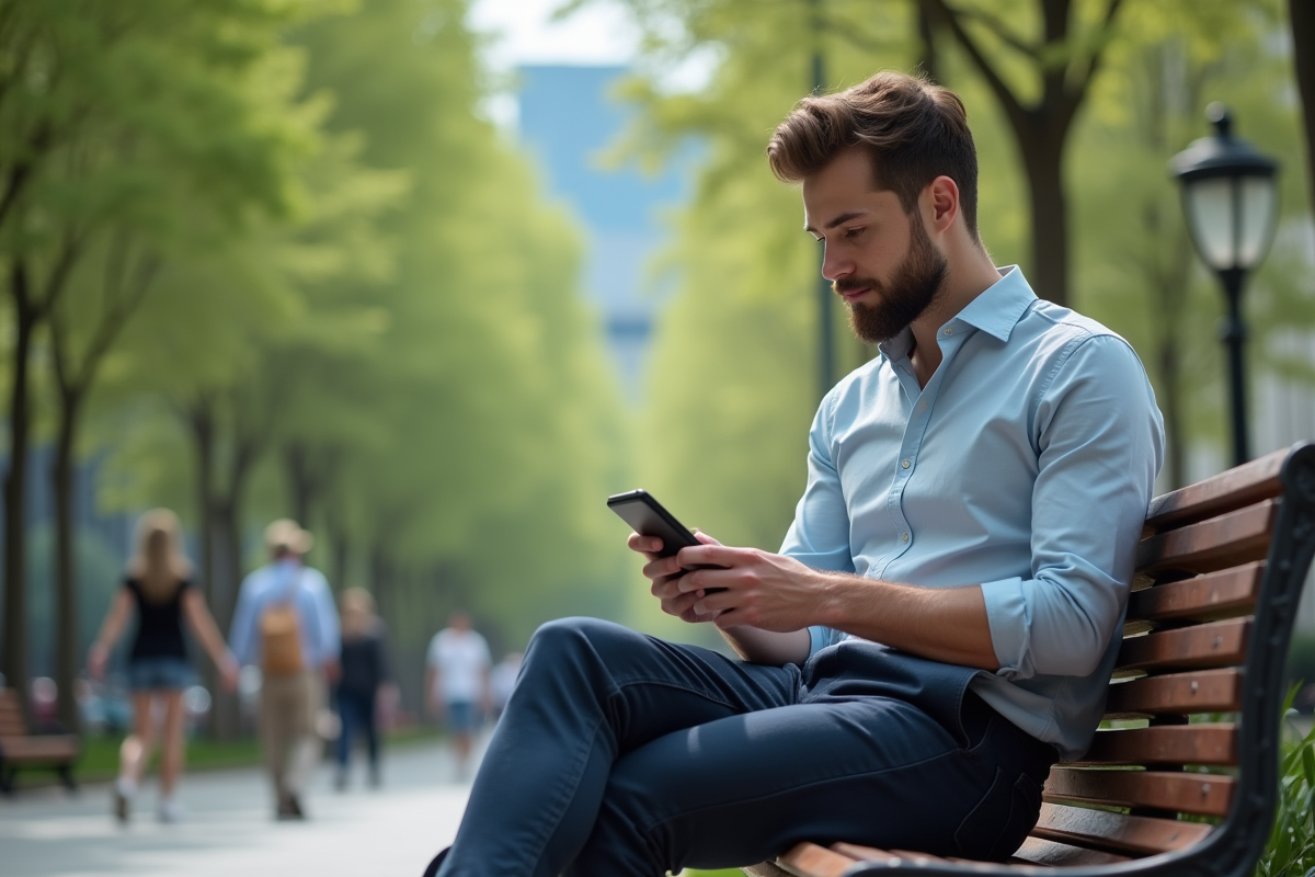 Jeune homme utilisant une application bancaire dans un parc urbain