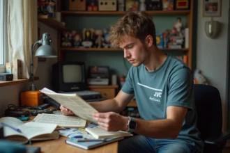 Jeune homme en t-shirt rétro jeux vidéo regardant archives
