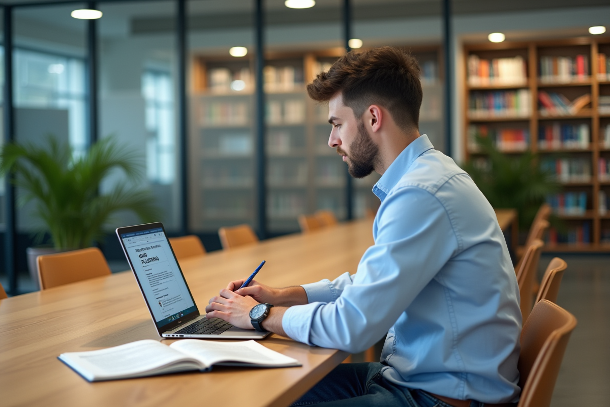 Jeune homme consultat regulations urbanisme en ligne