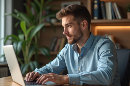 Jeune homme au bureau travaillant sur un ordinateur portable