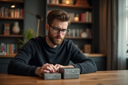 Jeune homme inspectant des boîtes de cartes à collectionner