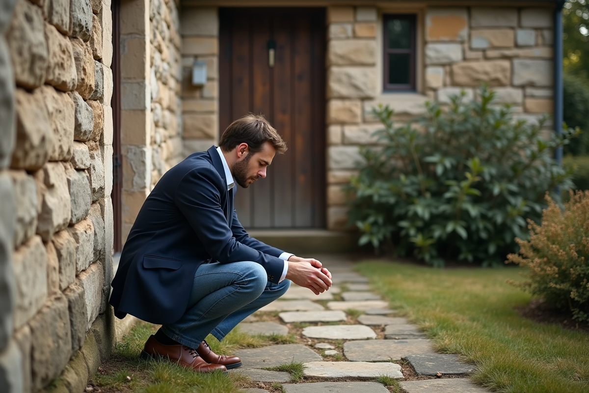 Un jeune homme examine la façade en pierre d