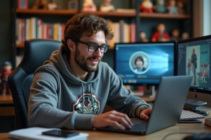 Jeune homme geek compare profils sociaux sur son ordinateur