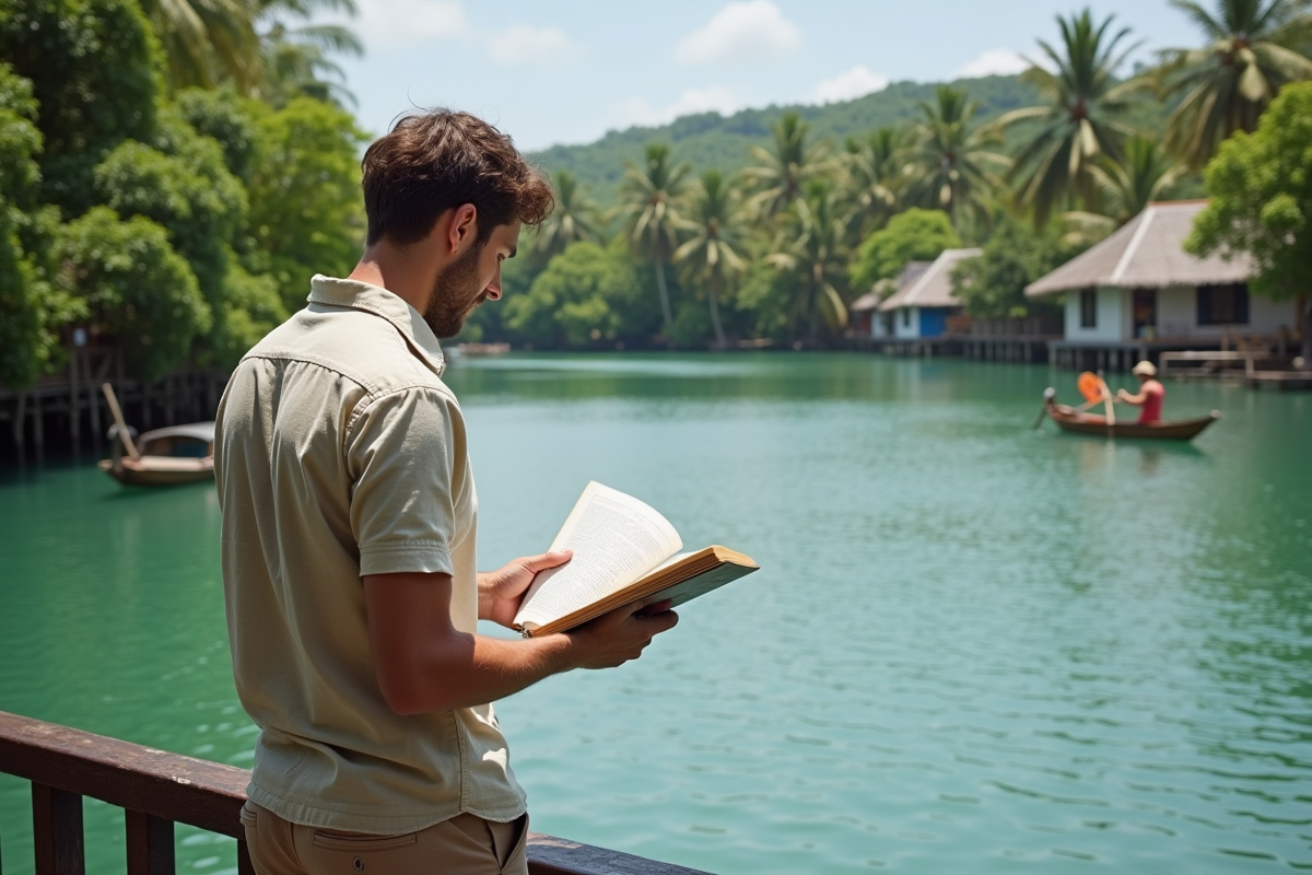 Jeune homme lisant guide dans un lagon tropical