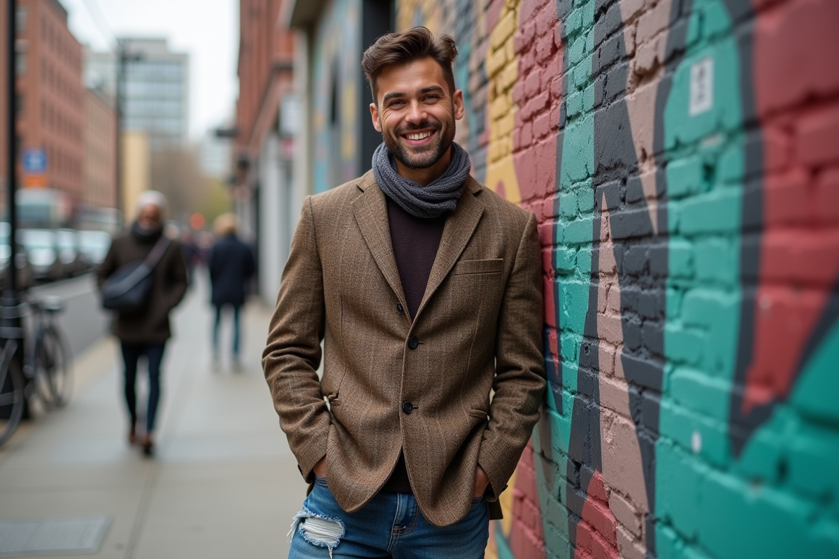 Jeune homme portant un look vintage en extérieur