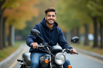 Jeune homme souriant sur une moto Skyteam 125 Dax dans un parc urbain