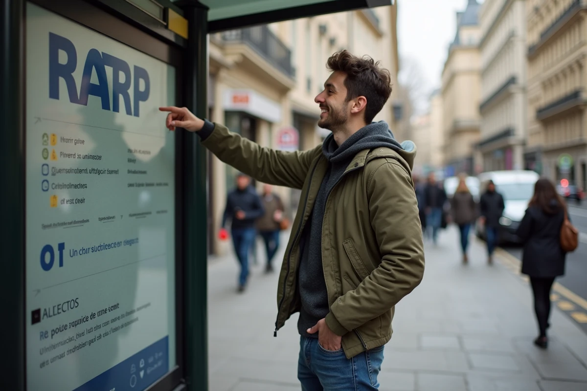 Jeune homme souriant pointant le logo RATP dans Paris