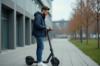 Jeune homme avec scooter électrique en ville