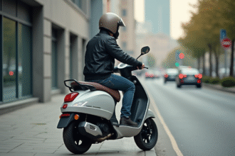 Jeune homme en bomber sur scooter en ville