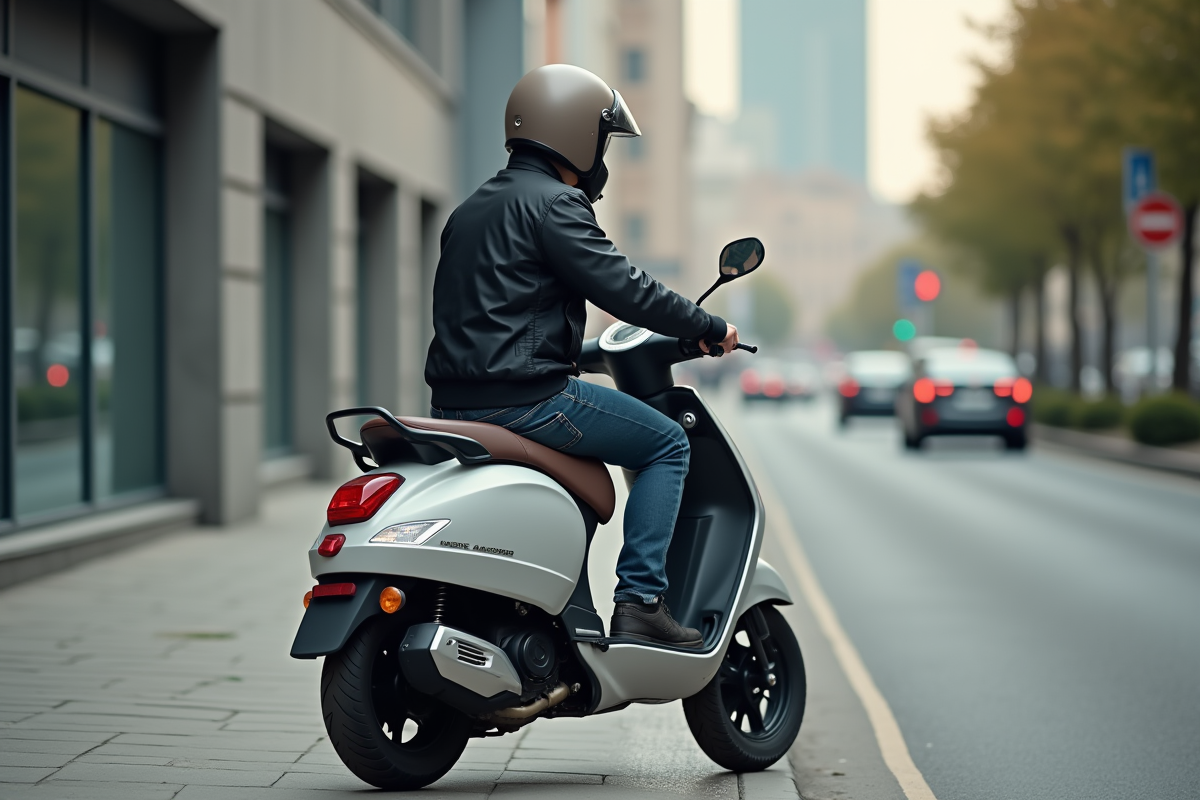 Jeune homme en bomber sur scooter en ville