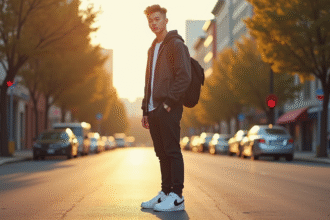 Jeune homme debout en ville avec Air Force 1 blanches