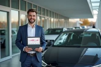 Jeune homme professionnel avec voiture compacte et tablette