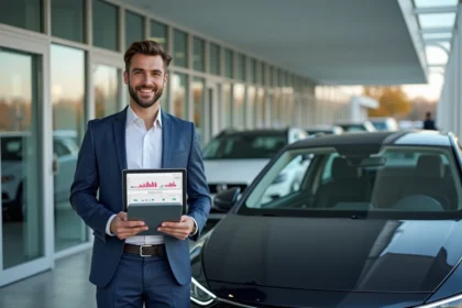 Jeune homme professionnel avec voiture compacte et tablette