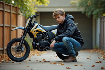 Jeune homme en motocross examine le moteur de son pit bike