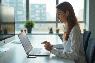 Jeune professionnel au bureau avec documents et lumière naturelle