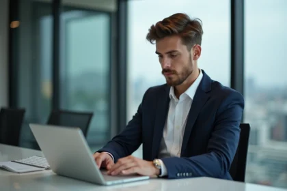 Jeune homme d'affaires travaillant sur une tablette en bureau moderne