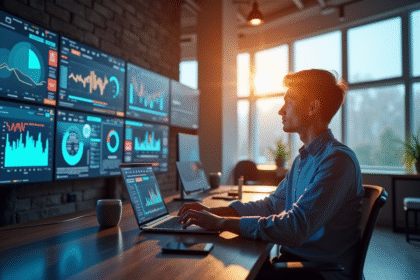 Jeune professionnel travaillant sur un ordinateur dans un espace coworking moderne