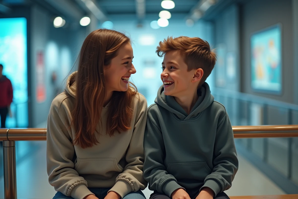 Jeune fille et garçon riant dans un musée moderne à Lille