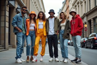 Groupe de jeunes mode 2000s dans la rue urbaine