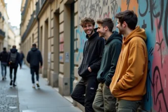 Groupe de jeunes adultes dans une rue parisienne avec graffitis
