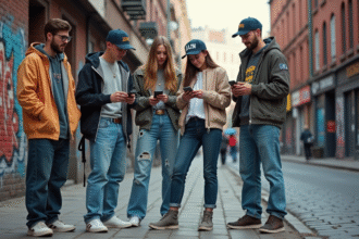 Groupe de jeunes adultes en streetwear vintage dans la ville