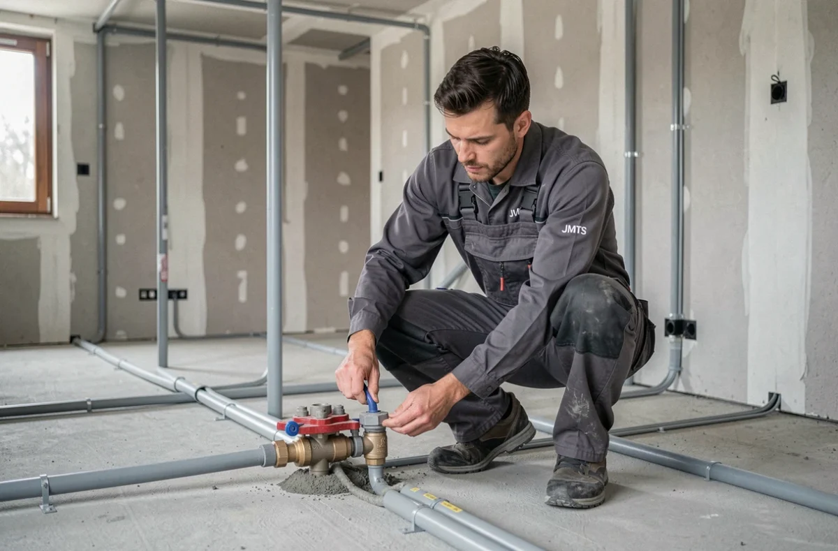 Technicien JMTS en train d'installer un système de chauffage par le sol dans une nouvelle construction résidentielle