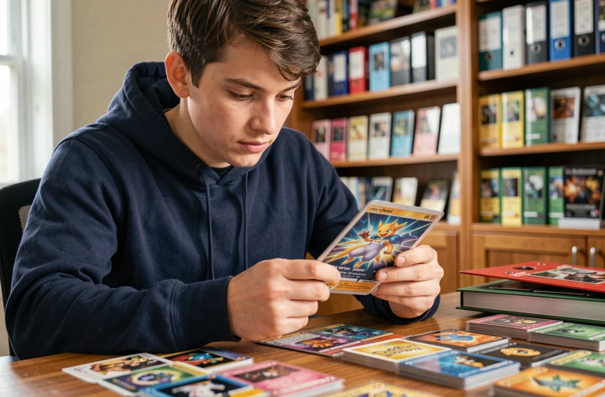 Jeune homme examinant des cartes Pokémon JCC d'une nouvelle édition 2026 dans une salle de collection