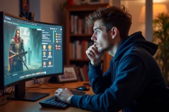 Joueur adulte concentré devant un écran affichant un jeu de rôle fantasy avec menus de quêtes, bureau en bois avec livres de stratégie en arrière-plan