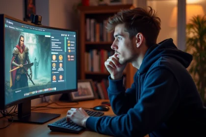 Joueur adulte concentré devant un écran affichant un jeu de rôle fantasy avec menus de quêtes, bureau en bois avec livres de stratégie en arrière-plan