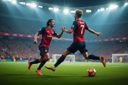 Deux joueurs du Lens célèbrent un but sur le terrain