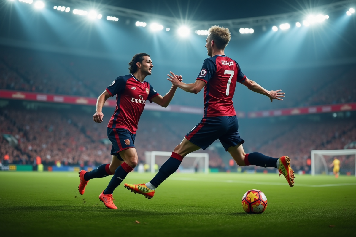 Deux joueurs du Lens célèbrent un but sur le terrain