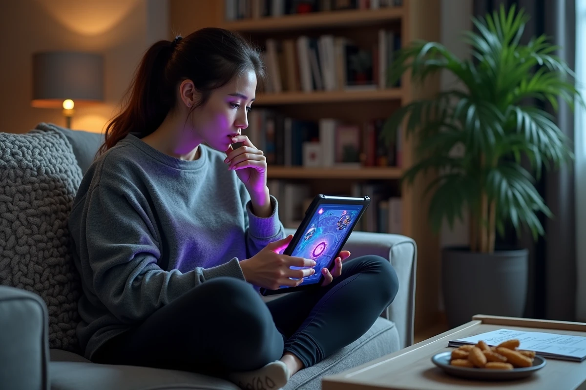 Femme adulte jouant à un RPG fantasy sur tablette dans un salon confortable, affichant une carte de donjon avec des marqueurs de quête violets, notes éparpillées sur la table basse