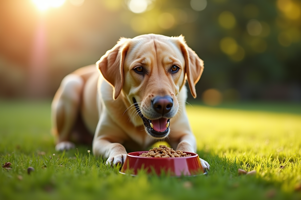 Labrador dehors mangeant un repas équilibré sur l