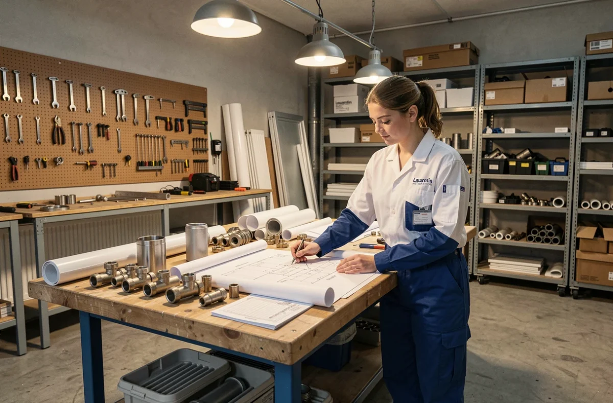 Technicienne de Laurentin Installations étudiant des plans techniques d'installation de chauffage dans un atelier professionnel