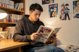 Jeune homme lisant un manga Solo Leveling dans une chambre entourée de volumes de manga